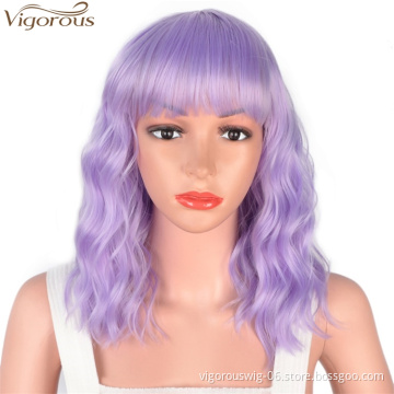 Vigorous Synthetic Short Bob Wigs for Black Women with Bangs Water Wave Purple Hair Wig Natural Cosplay Wigs